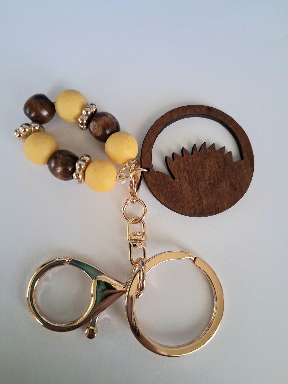 Sunflower Wood Keychain with Yellow Bead Charm - Picture 2 of 2